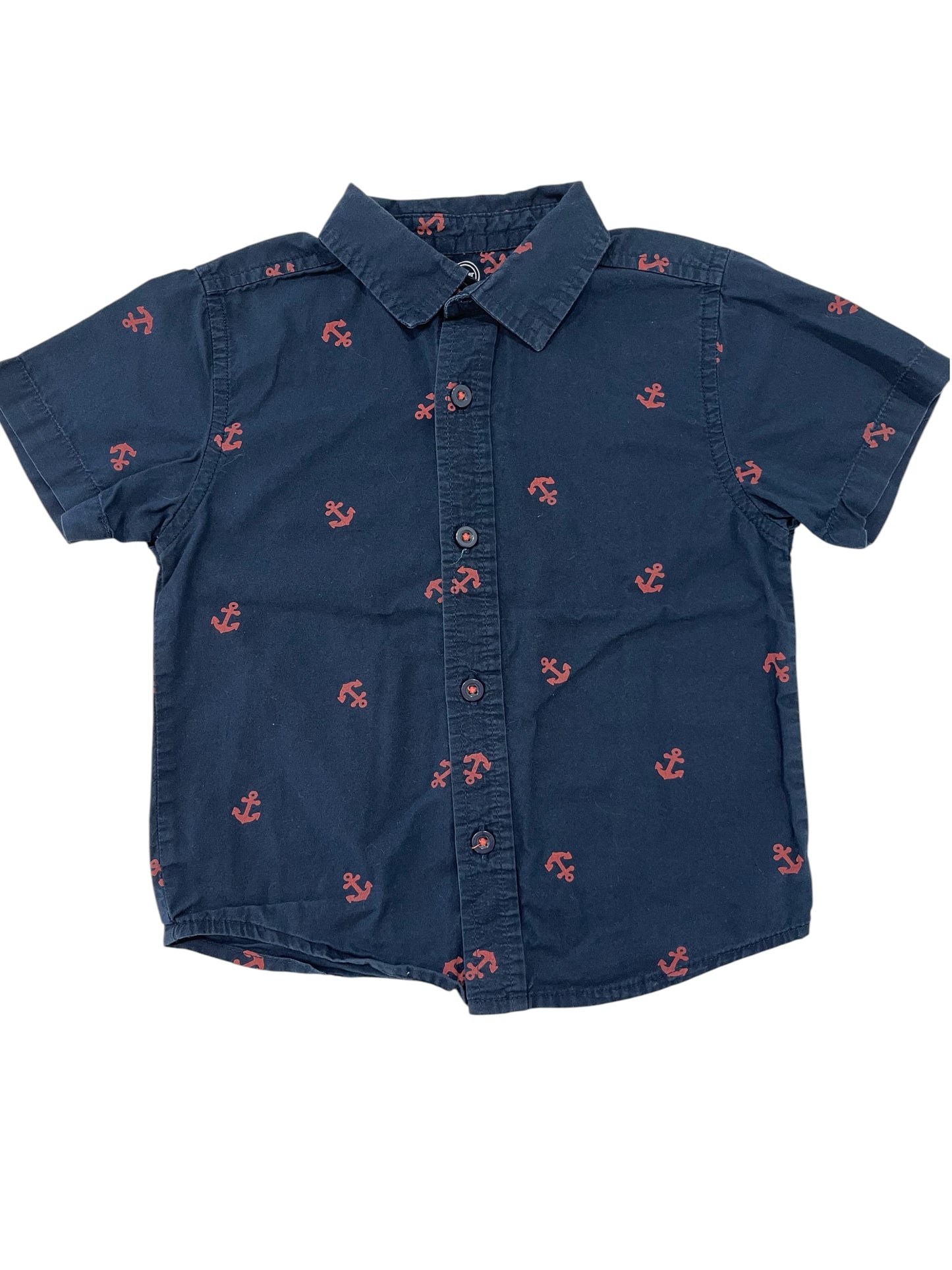 (3T) Toddler Boy Navy/Red Anchor Button Up Shirt