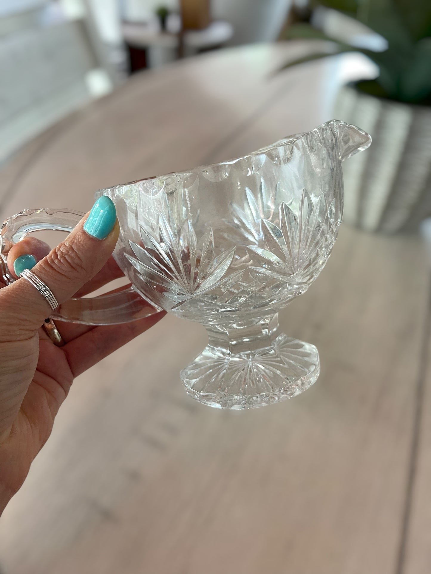 Vintage Crystal Glassware Footed Gravy Boat (Fan & Criss-Cross Design)