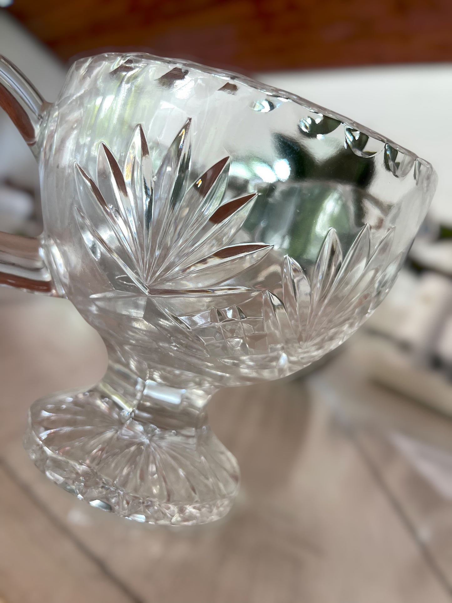 Vintage Crystal Glassware Footed Gravy Boat (Fan & Criss-Cross Design)
