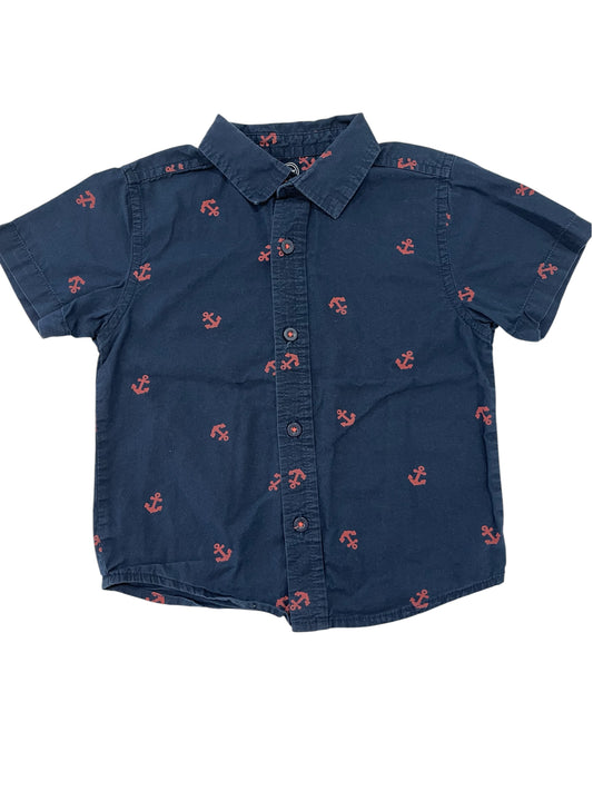 (3T) Toddler Boy Navy/Red Anchor Button Up Shirt