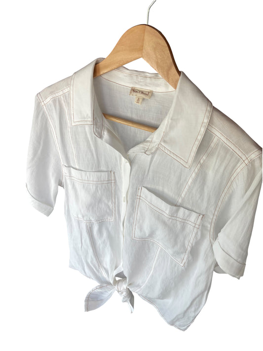 Women’s (M) Hem & Thread White Linen Top (sku 0035)